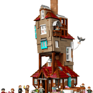 LEGO Harry Potter The Burrow Collectors Edition model built showing its precariously stacked multi story wooden architecture and uneven roofs set against a clean backdrop