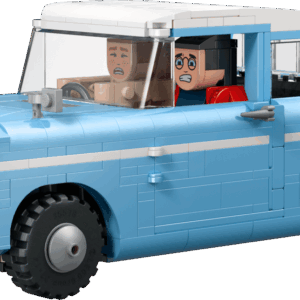 The built light blue Anglia Harry LEGO car with a white roof standing next to Harry Potter and Ron Weasley minifigures a brown suitcase Hedwig the owl and Scabbers the rat
