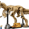 The official packaging art highlighting the massive sand colored skeleton build of the Dinosaur Fossils Trex set mounted on a museum display stand against a dark premium backdrop