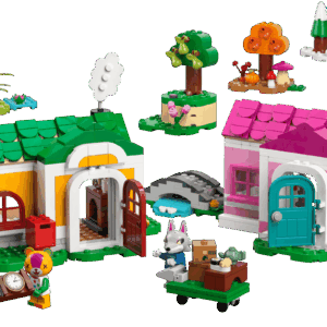 A completed Creative Houses LEGO build configured as a rustic summer cottage with a dark red roof yellow front door stone chimney exterior fireplace a small blue pond and a brick built yard tree
