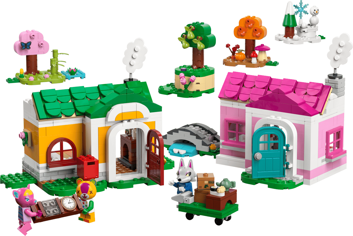 A completed Creative Houses LEGO build configured as a rustic summer cottage with a dark red roof yellow front door stone chimney exterior fireplace a small blue pond and a brick built yard tree