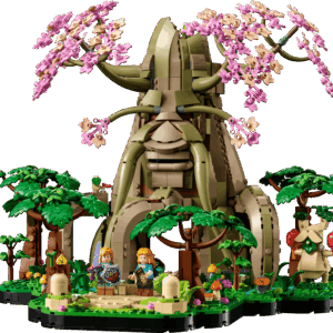 LEGO Great Deku Tree 2-in-1 set 77092 displayed on retail packaging featuring the Breath of the Wild layout with pink cherry blossoms and exclusive minifigures