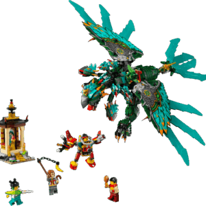The complete retail packaging box contents showing the finished Nine Beast LEGO demon bird with multiple green heads outstretched foil wings a small pagoda shrine mini mech and five minifigures arranged for battle