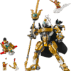 The fully assembled gold white and black Celestial Mech LEGO warrior holding a massive gold spear weapon surrounded by flying minifigures on clouds and a red flight speeder