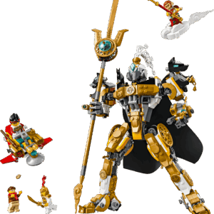 The fully assembled gold white and black Celestial Mech LEGO warrior holding a massive gold spear weapon surrounded by flying minifigures on clouds and a red flight speeder