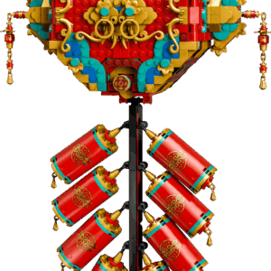 The front view of the built Fortune Firecracker LEGO set showing a large red ornate diamond medallion with gold accents hanging above eight red cylindrical firecrackers with golden tassels