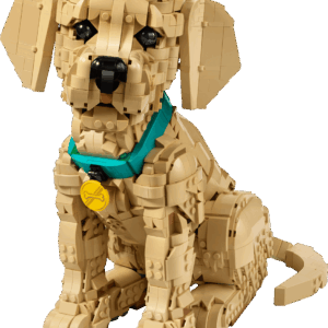 LEGO Golden Retriever Puppy brick built animal sculpture in warm tan and gold tones sitting upright with an adjustable head tilt