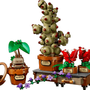 Hogwarts Herbology Botanical Vault showcasing the brick built LEGO Mandrake inside a clear glass alternative