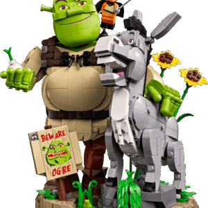 The factory packaging for the premium LEGO Shrek Set displaying the large brick built Shrek holding an onion alongside a gray brick built Donkey on a swamp base