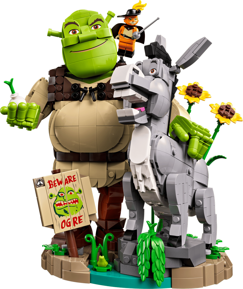 The factory packaging for the premium LEGO Shrek Set displaying the large brick built Shrek holding an onion alongside a gray brick built Donkey on a swamp base