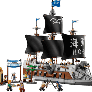 LEGO Garp Battleship 75646 fully built showcasing its massive dog head figurehead and five reflective foil sails