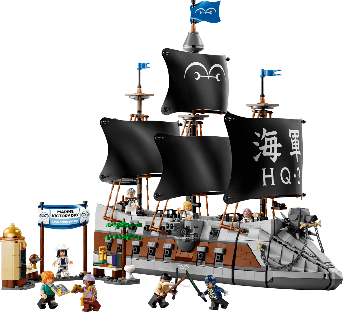 LEGO Garp Battleship 75646 fully built showcasing its massive dog head figurehead and five reflective foil sails