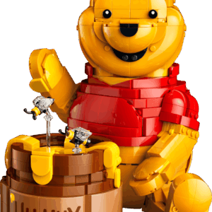 LEGO Winnie Pooh storybook display model featuring Pooh's brick built oak tree house with green foliage and beehives surrounded by character minifigures like Piglet and Eeyore
