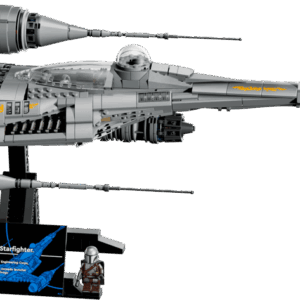LEGO Mandalorian's N-1 Starfighter UCS master scale model built with metallic silver and grey hull panels floating diagonally on a sleek black display stand with an information plaque