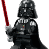 A studio render of the completed Up-Scaled Darth Vader Minifigure LEGO statue showing the fully built giant black character marching forward while holding a translucent red brick lightsaber