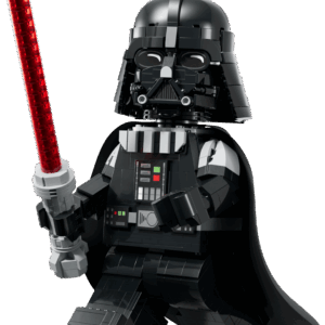 A studio render of the completed Up-Scaled Darth Vader Minifigure LEGO statue showing the fully built giant black character marching forward while holding a translucent red brick lightsaber