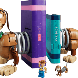 A close up view of the fully assembled Slinky Dog Bookends set showing the brick built dog spring sections extending out from purple and blue toy books