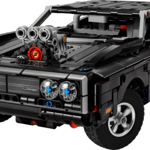 LEGO Dodge Charger R/T Car Technic model built in sleek matte black with its supercharger blower protruding from the hood resting in a wheelie stance