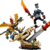LEGO NINJAGO Dragon Playset display showing a massive crimson guardian dragon standing over a rocky mountain shrine with multiple ninja minifigures in combat positions