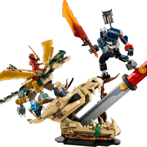 LEGO NINJAGO Dragon Playset display showing a massive crimson guardian dragon standing over a rocky mountain shrine with multiple ninja minifigures in combat positions