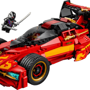 LEGO NINJAGO Ninja Charger X-1 vehicle model showing the sleek red supercar alongside its deployable internal motorcycle and legacy minifigures