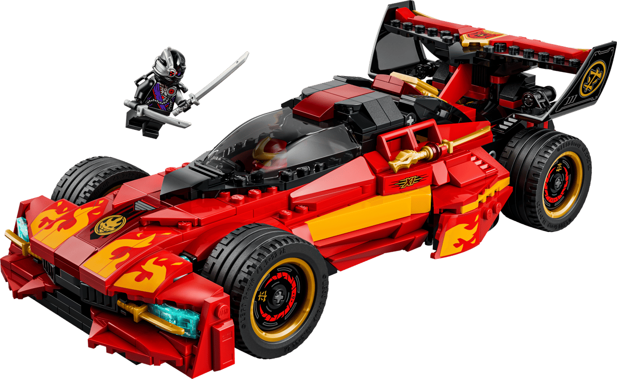 LEGO NINJAGO Ninja Charger X-1 vehicle model showing the sleek red supercar alongside its deployable internal motorcycle and legacy minifigures
