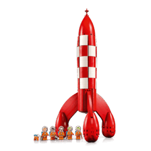 The LEGO Tintin Rocket Ideas set showing the brick-built red and white checkered rocket along with Tintin and Snowy minifigures in orange space suits