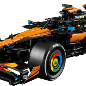 LEGO Technic McLaren MCL39 open wheel Formula 1 race car model showing the papaya orange front wing nose cone and authentic sponsor branding