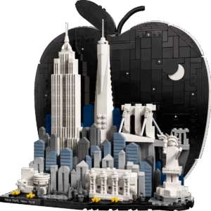 LEGO New York City skyline diorama featuring microscale builds of One World Trade Center and the Empire State Building on a black display base