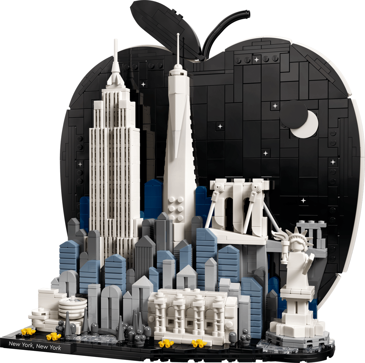 LEGO New York City skyline diorama featuring microscale builds of One World Trade Center and the Empire State Building on a black display base