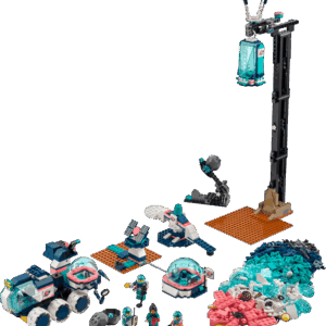 The official retail packaging box back view showing the completed Mars Science LEGO crew rover vehicle with its massive multi wheel suspension crane arm cargo holds and expanding technical chassis