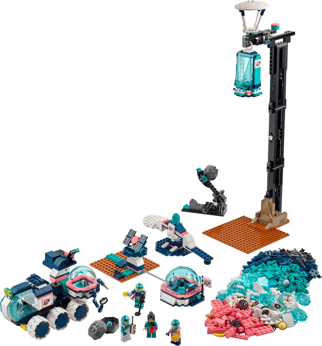 The official retail packaging box back view showing the completed Mars Science LEGO crew rover vehicle with its massive multi wheel suspension crane arm cargo holds and expanding technical chassis
