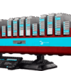 A large detailed brick built container ship representing the Maersk Vessel LEGO set featuring a black and dark red hull stacked with multi colored cargo containers