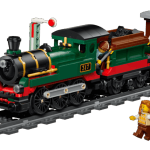 Vintage Steam Train building set displaying a classic dark green locomotive on a detailed display rail track