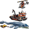 Apex Predator Pavilion protecting the custom LEGO Jurassic World Mosasaurus boat attack diorama