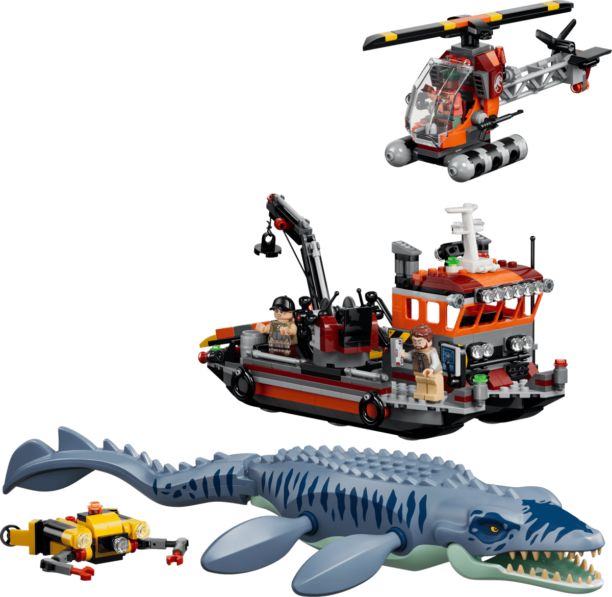 Apex Predator Pavilion protecting the custom LEGO Jurassic World Mosasaurus boat attack diorama