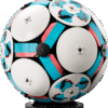 LEGO Soccer Ball 43019 model fully assembled on a black display stand showcasing white curved panels with blue and pink accents