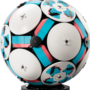 LEGO Soccer Ball 43019 model fully assembled on a black display stand showcasing white curved panels with blue and pink accents