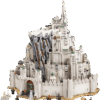 The LEGO Minas Tirith Icons set box art graphic rendering the multi tiered white mountain fortress city alongside a buildable Grond wolf battering ram model