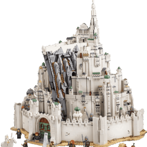 The LEGO Minas Tirith Icons set box art graphic rendering the multi tiered white mountain fortress city alongside a buildable Grond wolf battering ram model