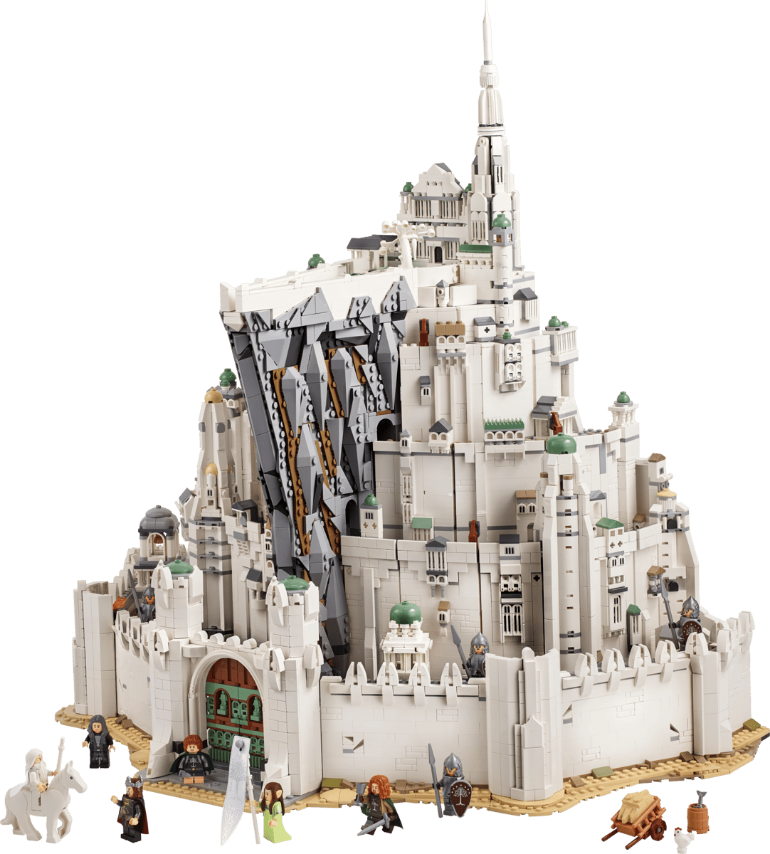 The LEGO Minas Tirith Icons set box art graphic rendering the multi tiered white mountain fortress city alongside a buildable Grond wolf battering ram model