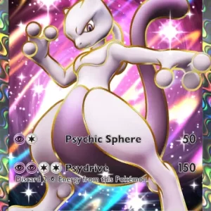 Mewtwo ex Special Illustration card showcasing the legendary psychic Pokémon standing with Boss Giovanni in a laboratory setting