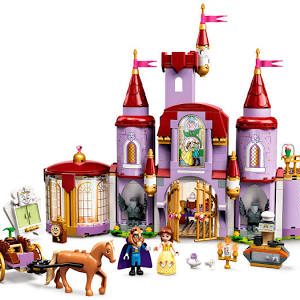 LEGO Disney Castle model kit from Beauty and the Beast showing the purple and crimson towers alongside figures of Belle and the Beast