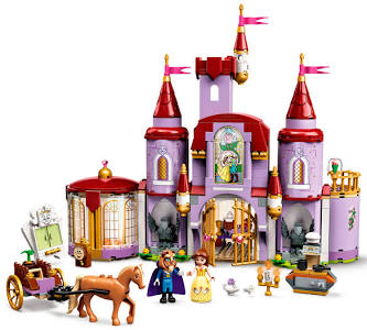 LEGO Disney Castle model kit from Beauty and the Beast showing the purple and crimson towers alongside figures of Belle and the Beast